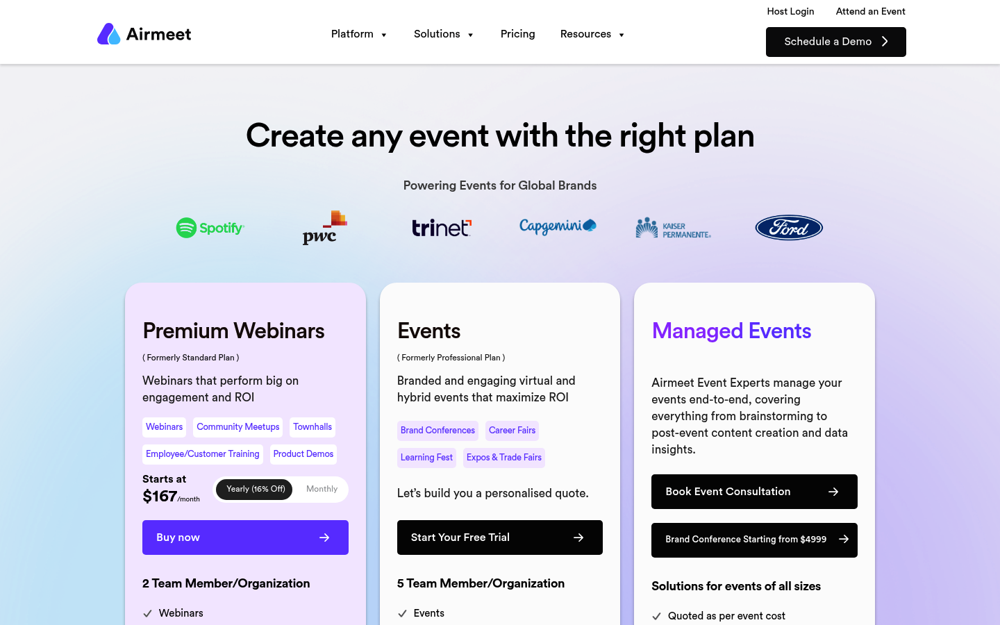 Screenshot of Airmeet's pricing page showing its plans and prices
