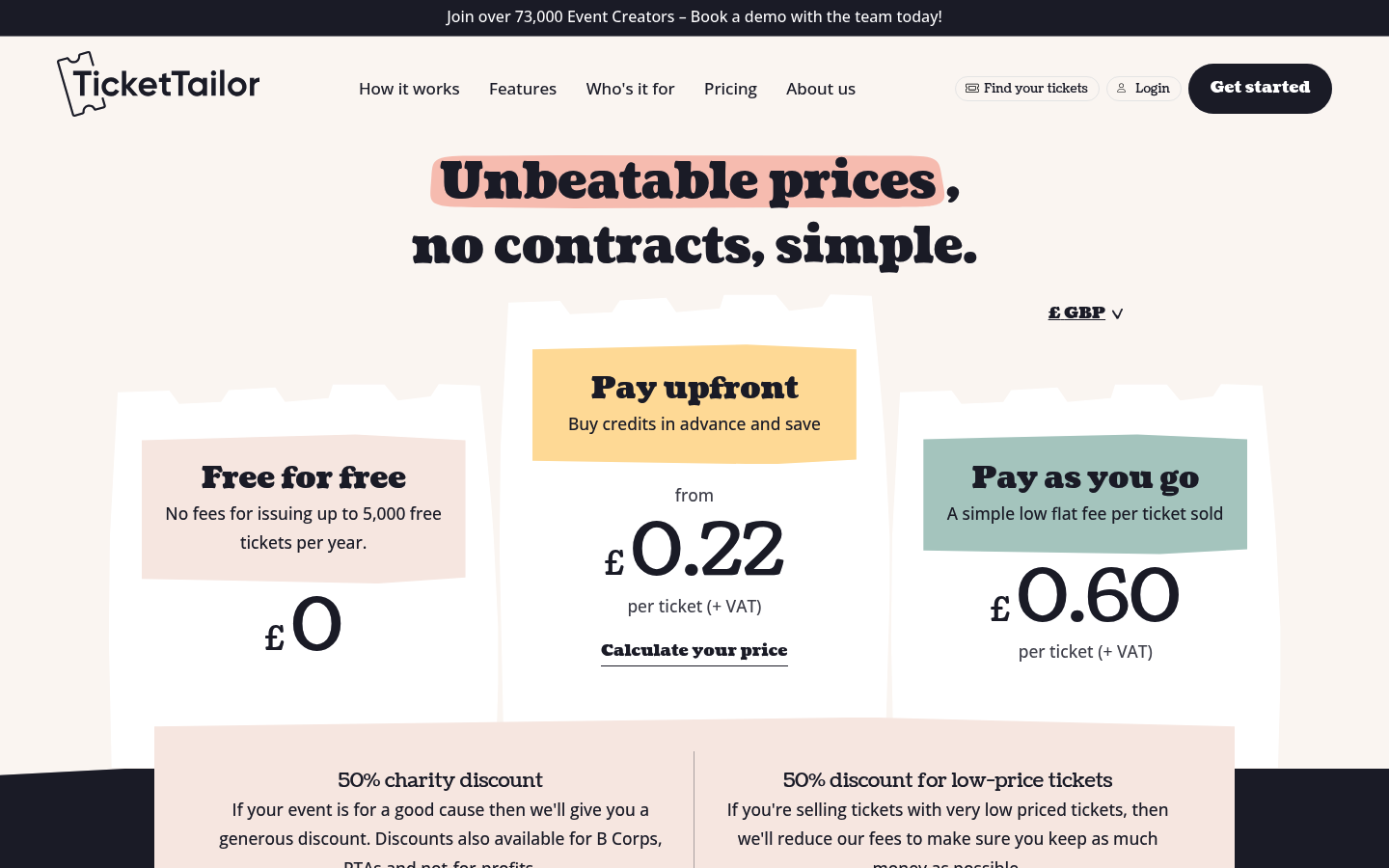 Screenshot of Ticket Tailor's pricing page showing its plans and prices