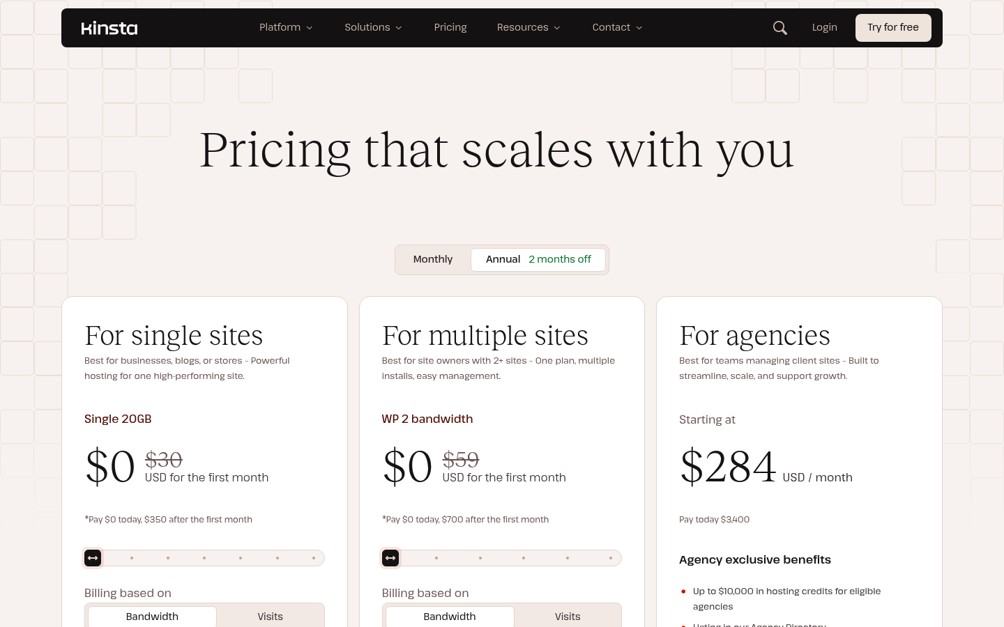 Screenshot of Kinsta's pricing page showing its plans and prices