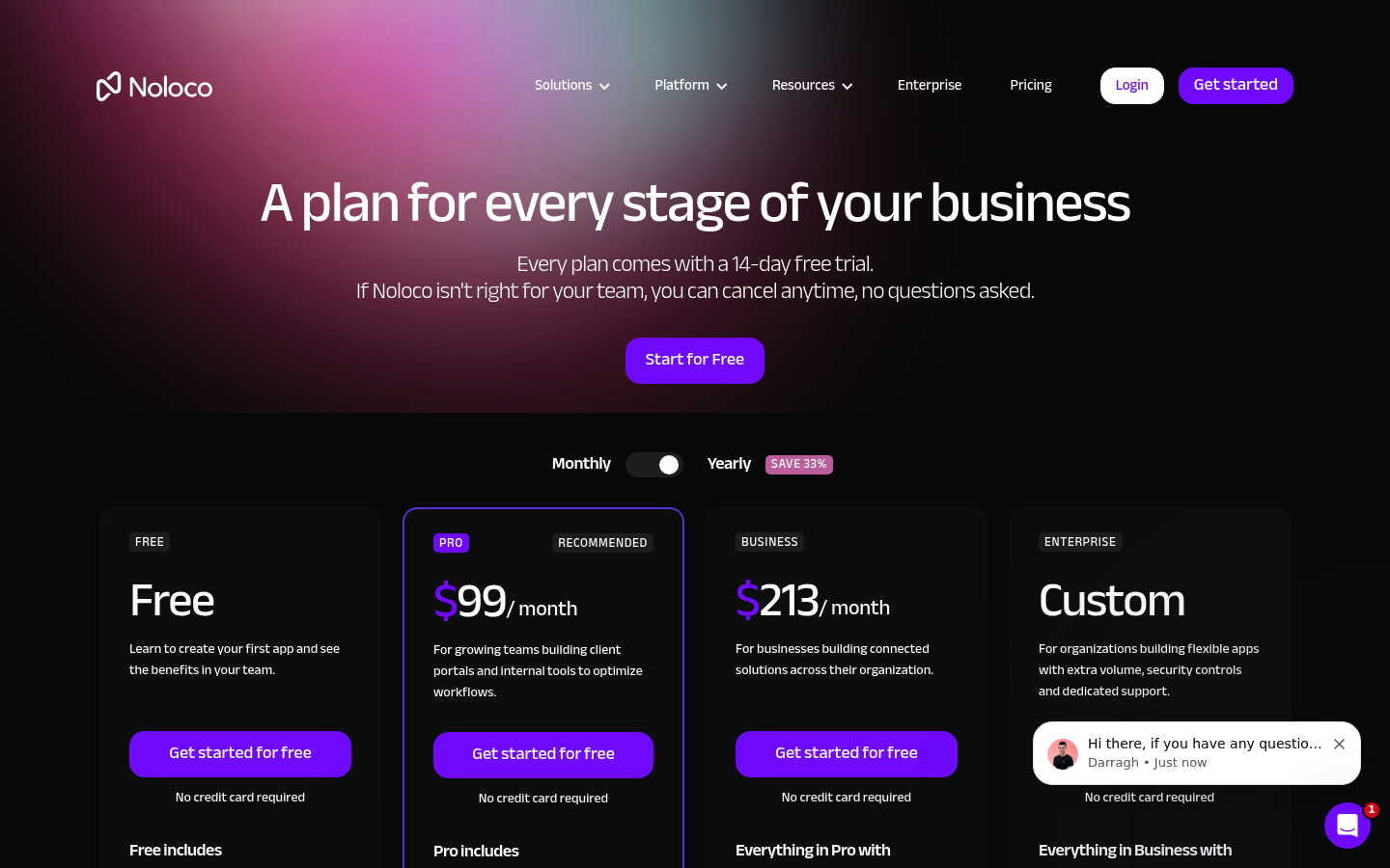 Screenshot of Noloco's pricing page showing its plans and prices