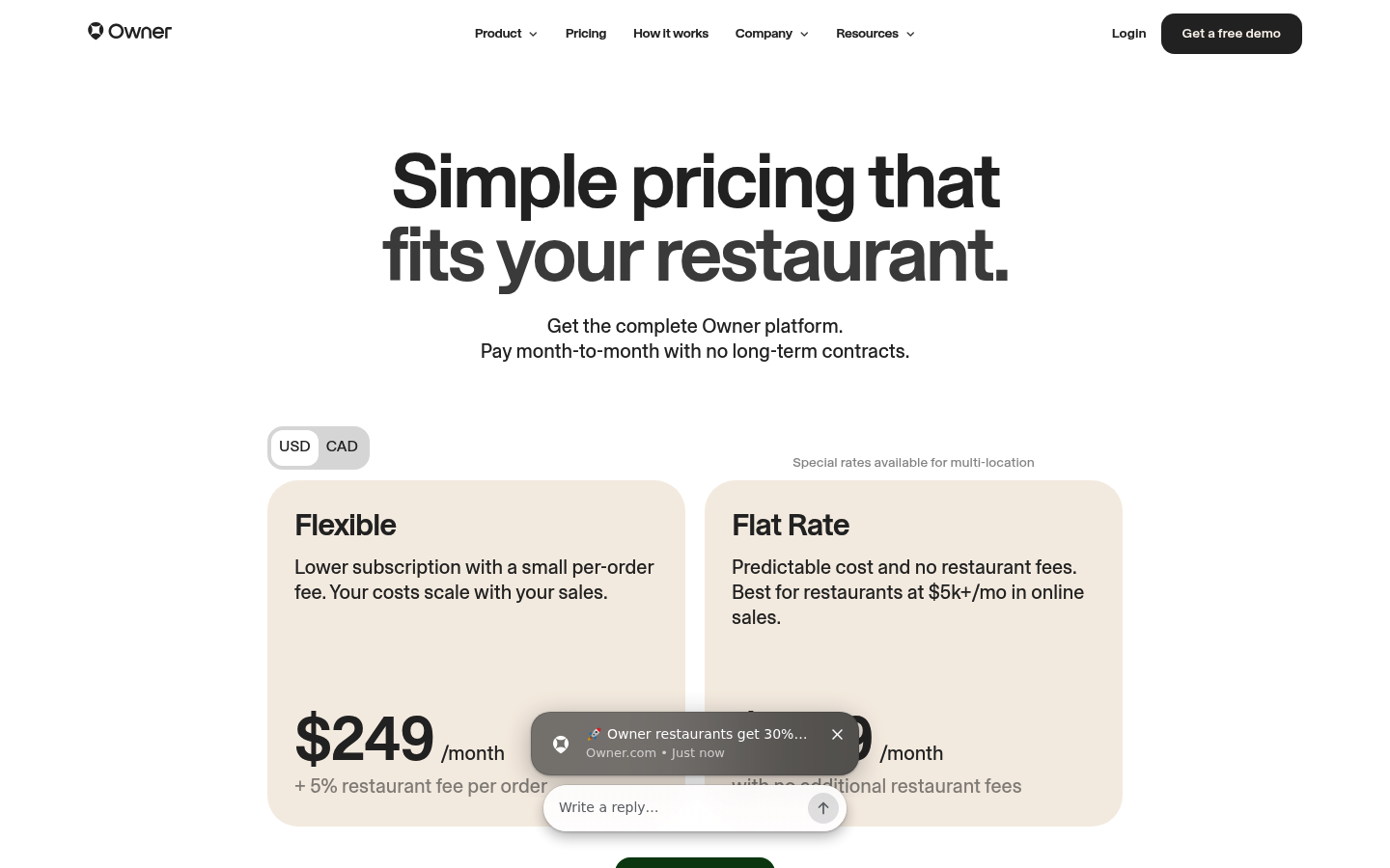 Screenshot of Owner.com's pricing page showing its plans and prices