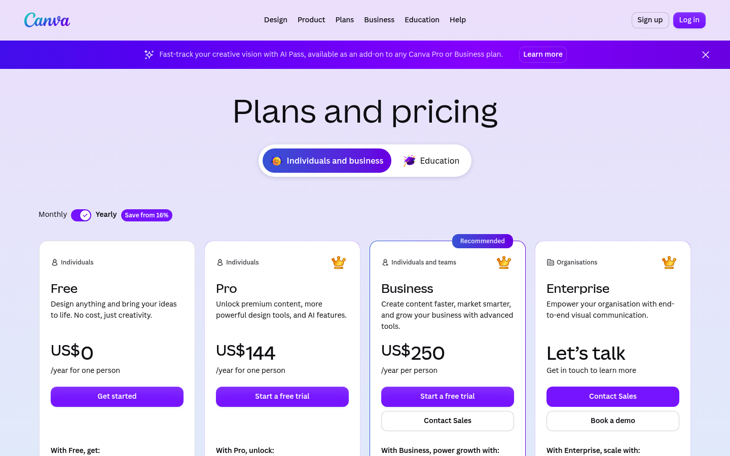 Screenshot of Canva's pricing page showing its plans and prices