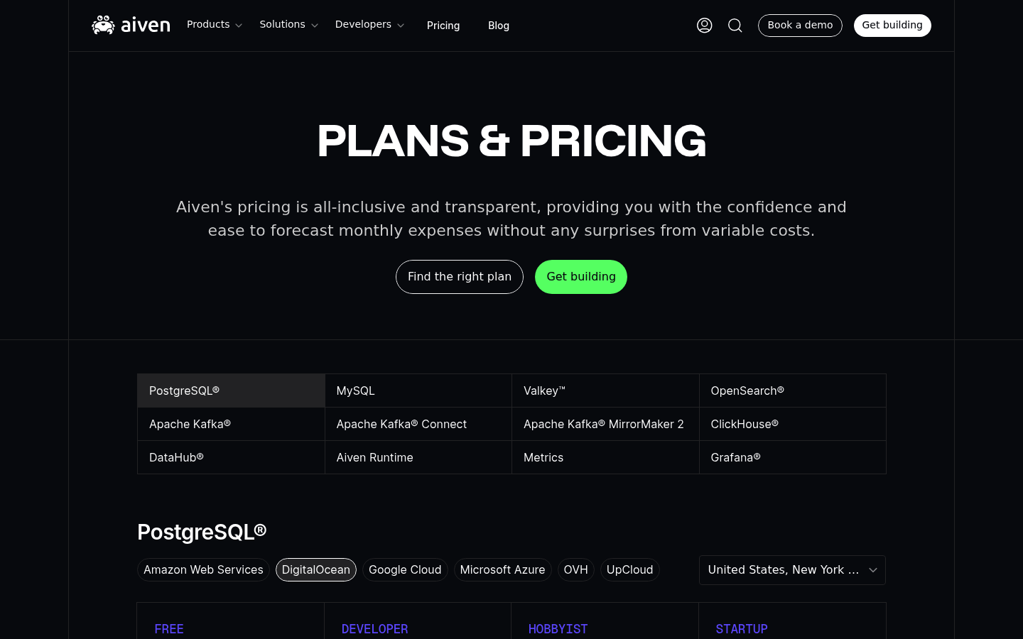 Screenshot of Aiven's pricing page showing its plans and prices
