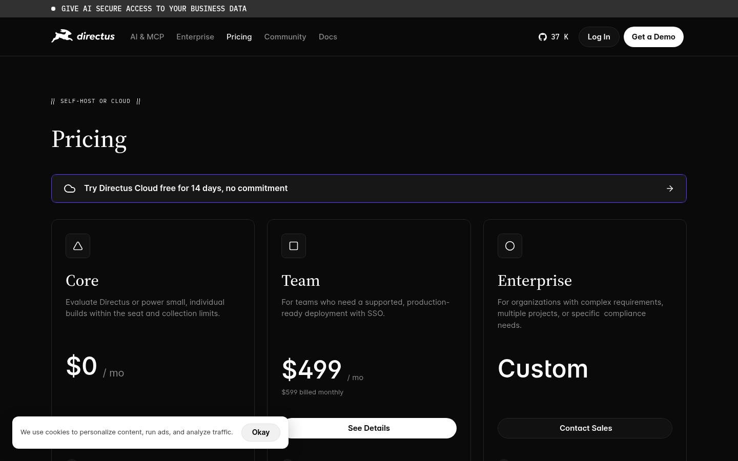Screenshot of Directus's pricing page showing its plans and prices