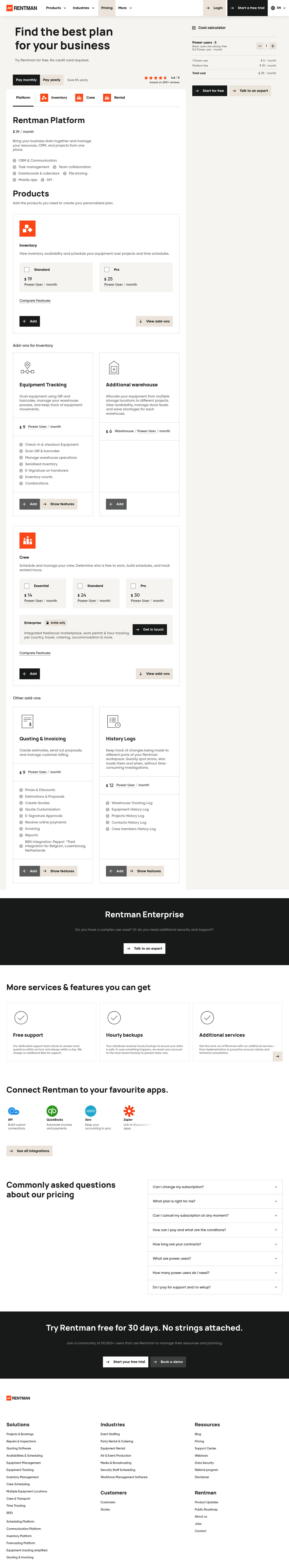 Screenshot of Rentman's pricing page showing its plans and prices