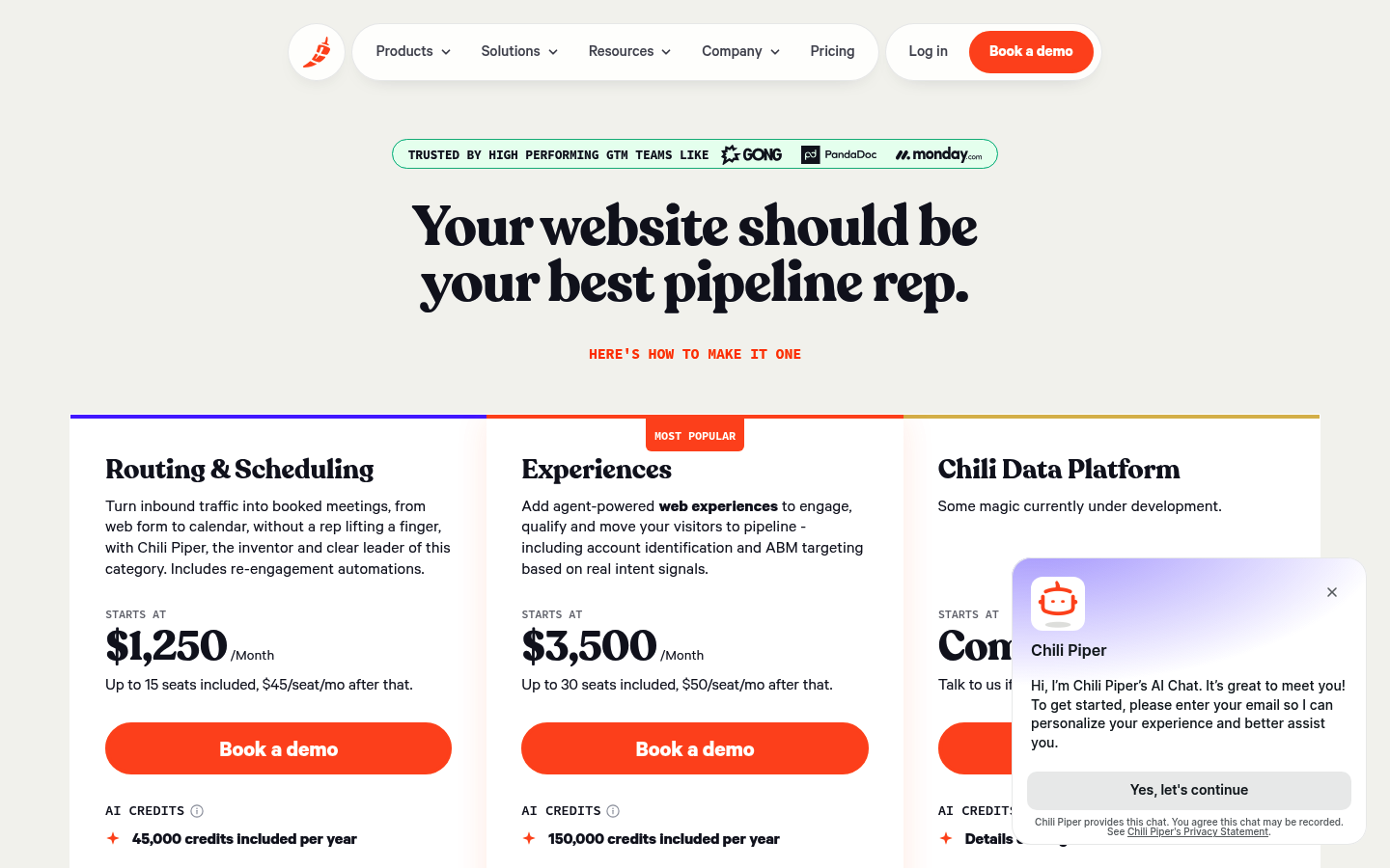 Screenshot of Chili Piper's pricing page showing its plans and prices