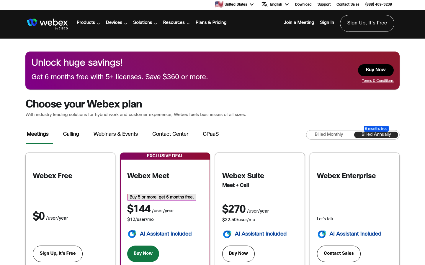 Screenshot of Webex's pricing page showing its plans and prices