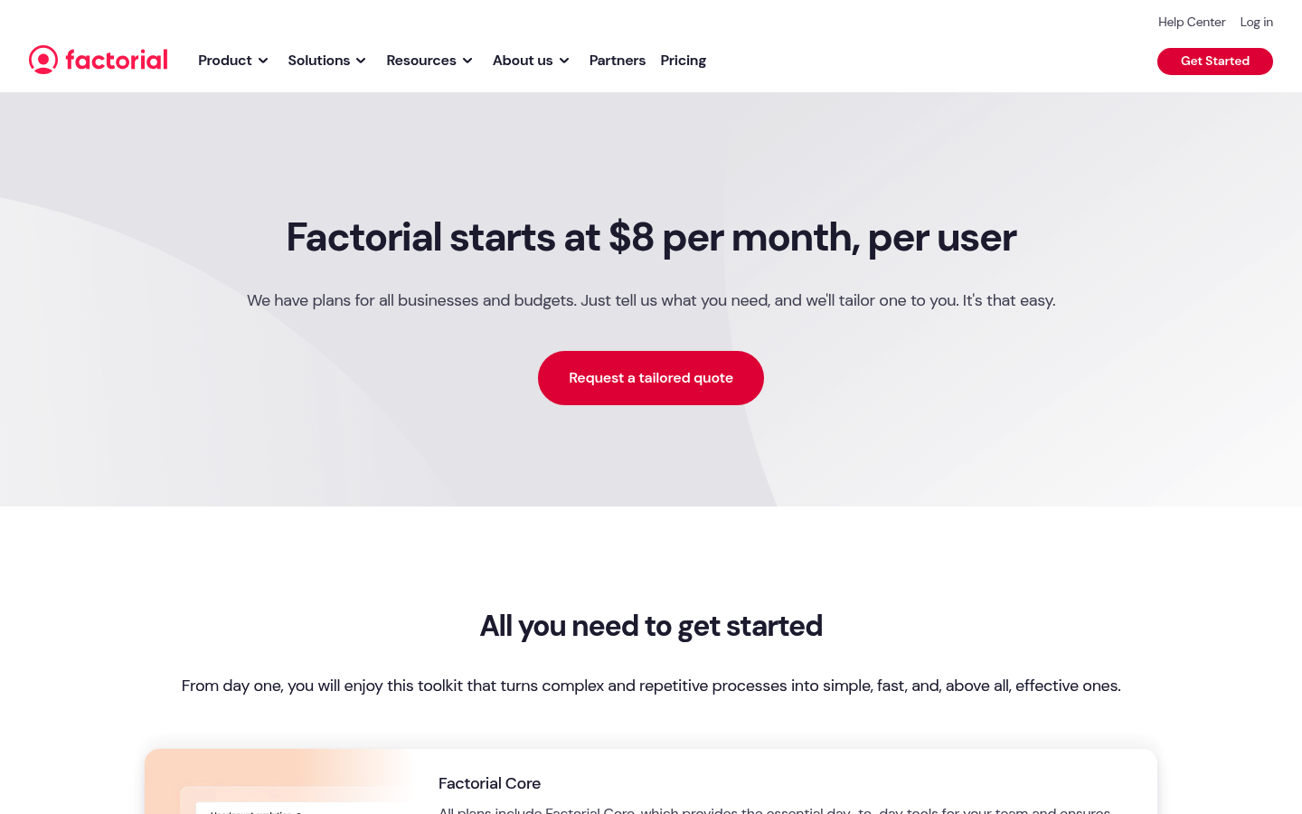 Screenshot of Factorial's pricing page showing its plans and prices