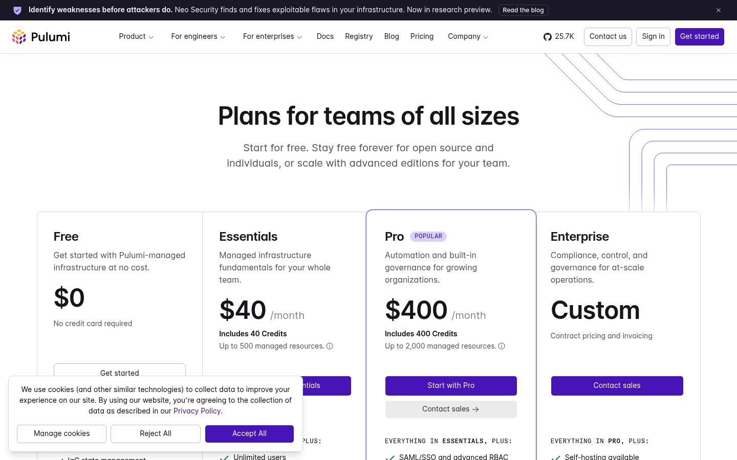 Screenshot of Pulumi's pricing page showing its plans and prices