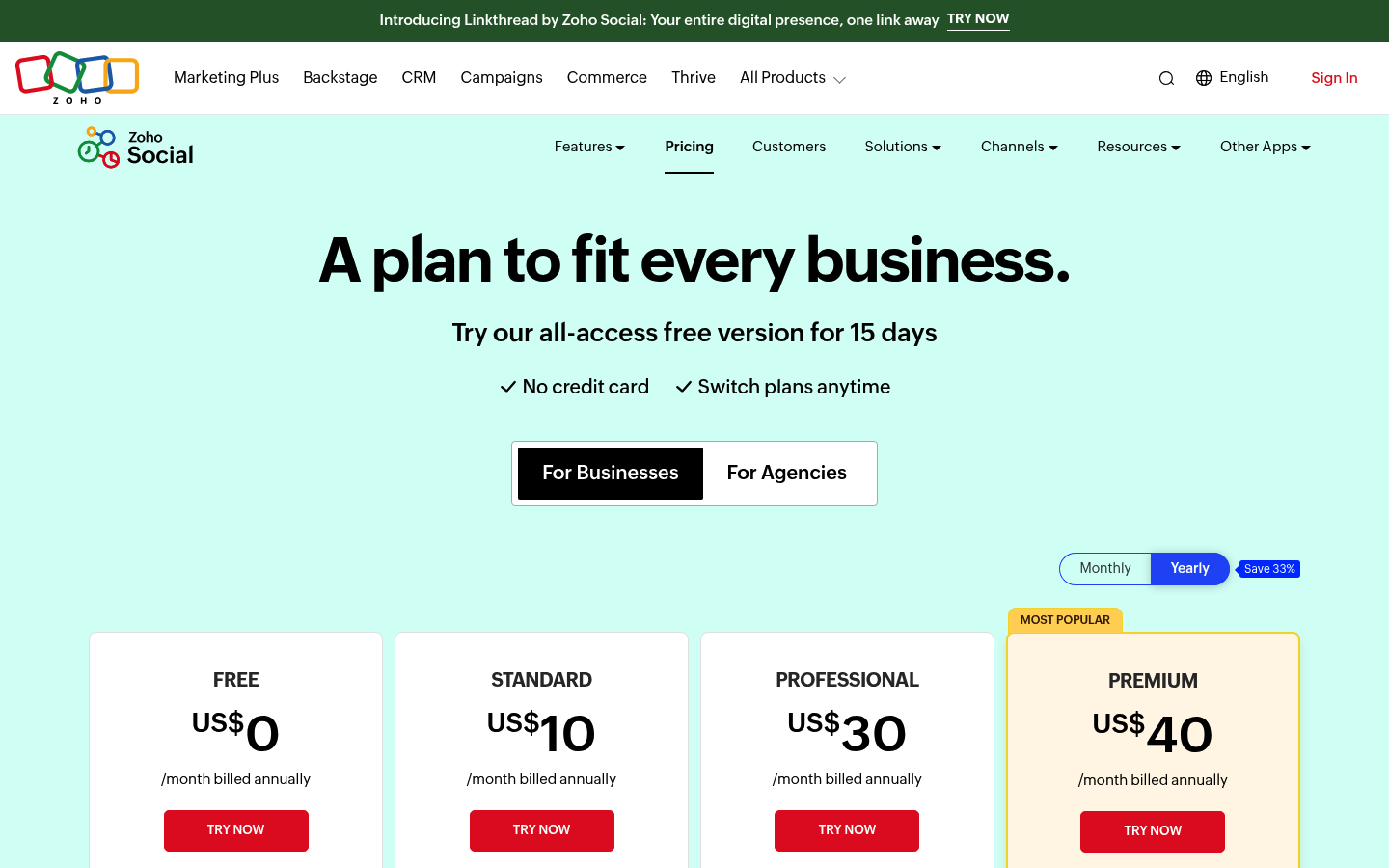 Screenshot of Zoho Social's pricing page showing its plans and prices