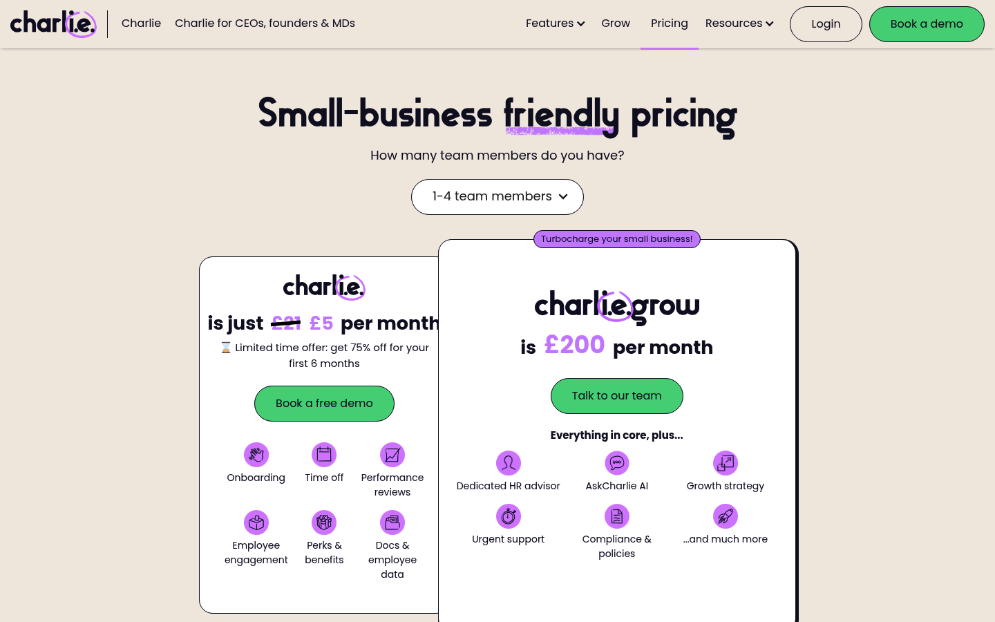 Screenshot of CharlieHR's pricing page showing its plans and prices