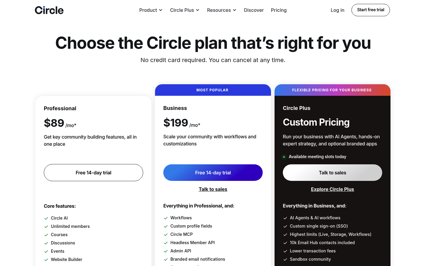 Screenshot of Circle's pricing page showing its plans and prices