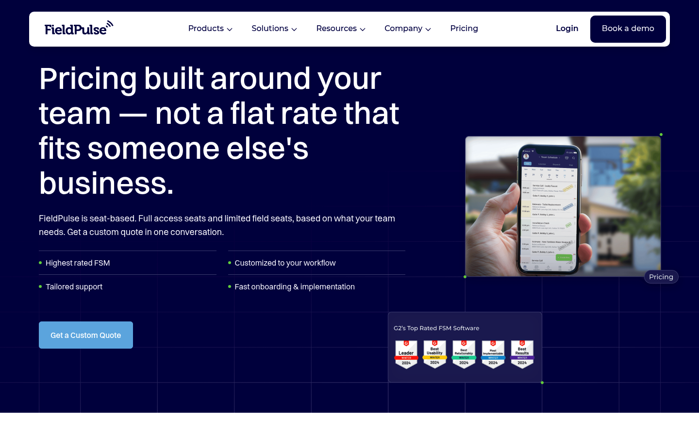 Screenshot of FieldPulse's pricing page showing its plans and prices