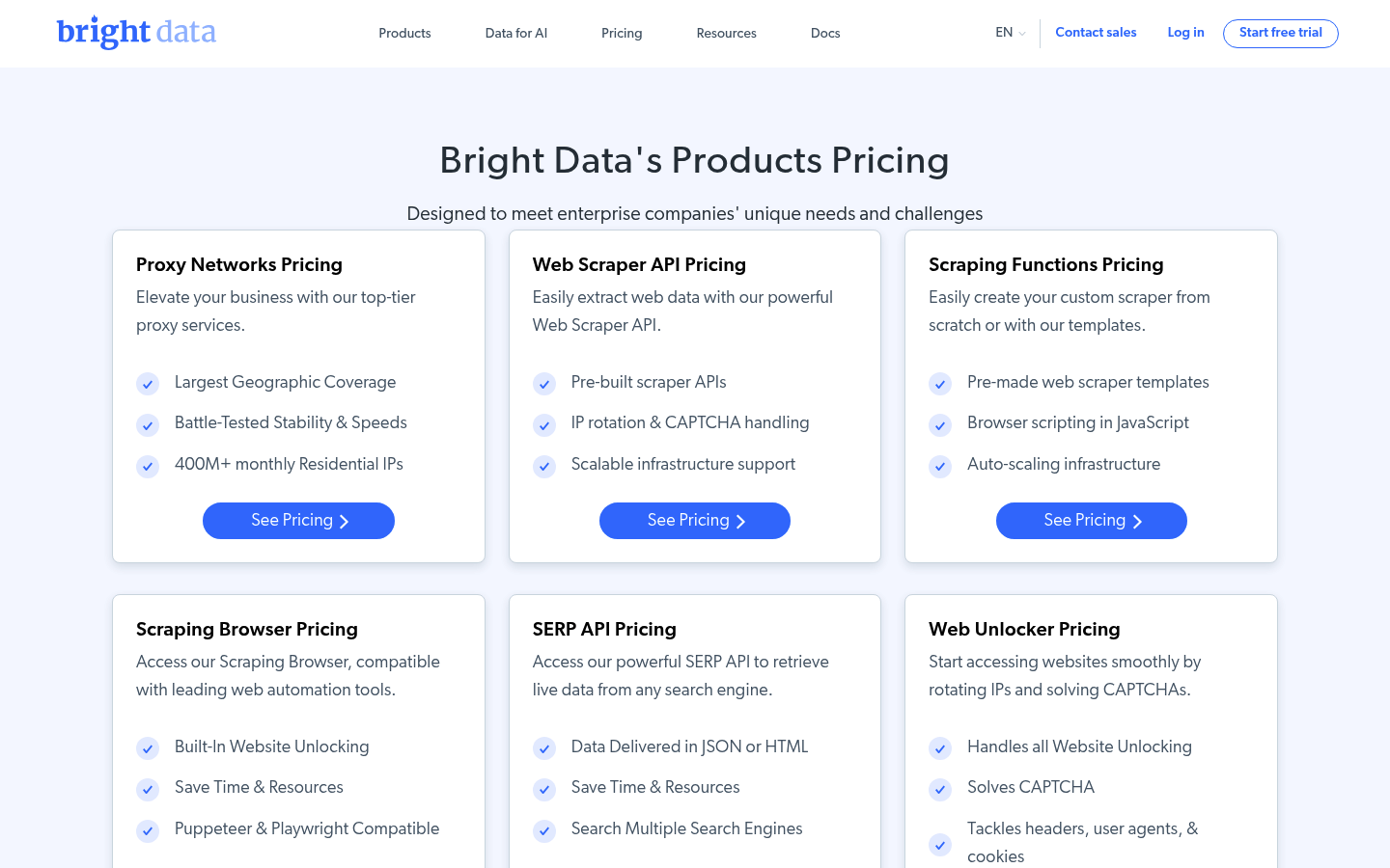 Screenshot of Bright Data's pricing page showing its plans and prices