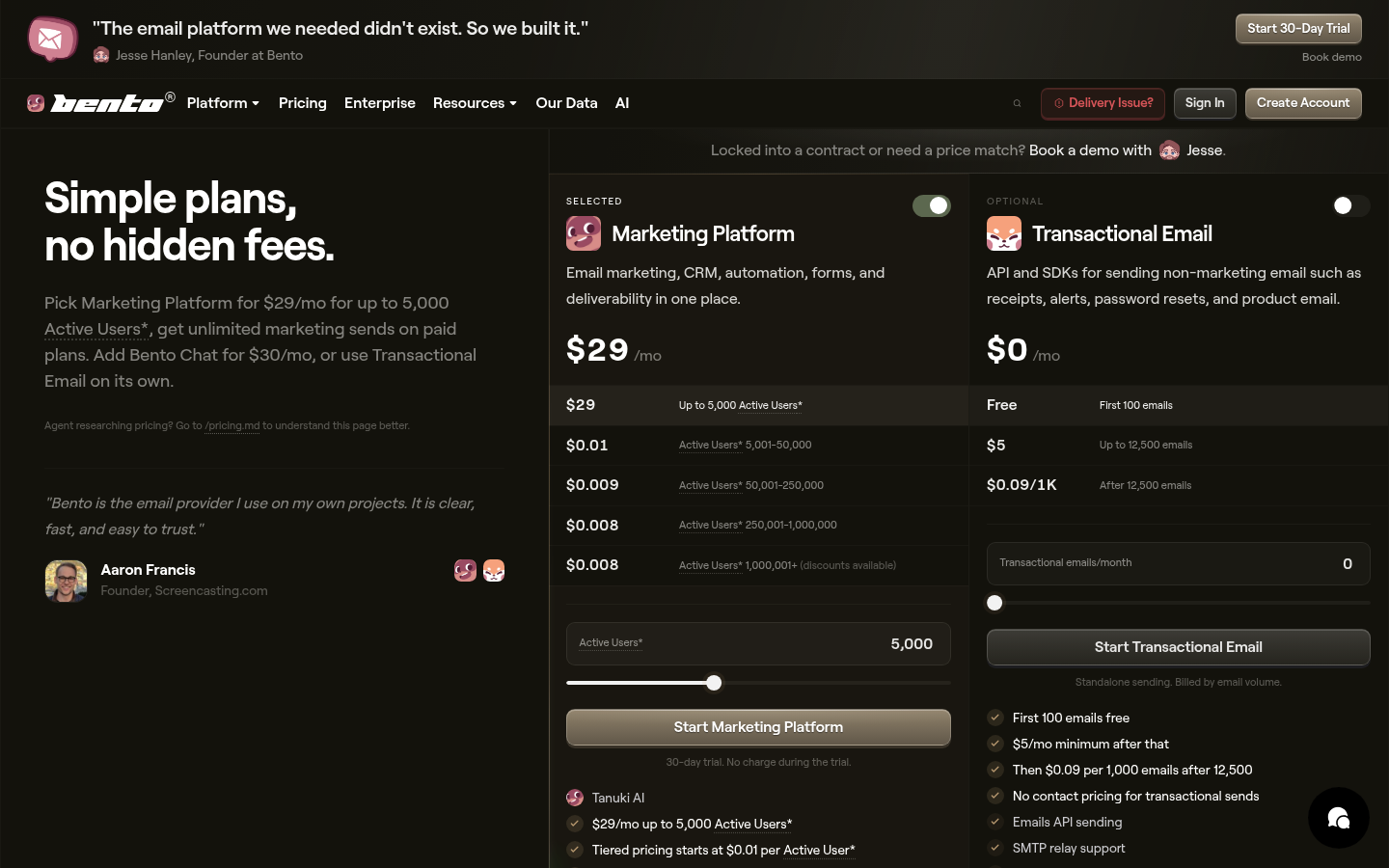 Screenshot of Bento's pricing page showing its plans and prices
