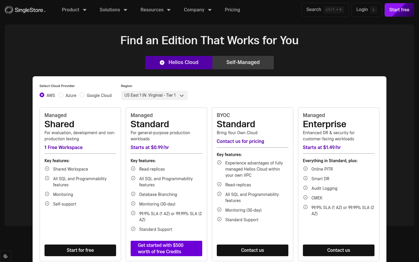 Screenshot of SingleStore's pricing page showing its plans and prices