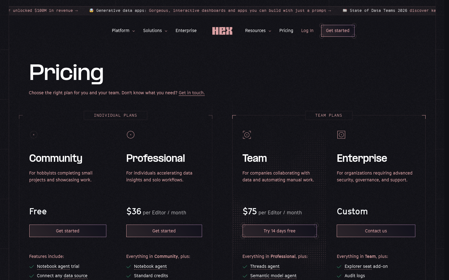 Screenshot of Hex's pricing page showing its plans and prices