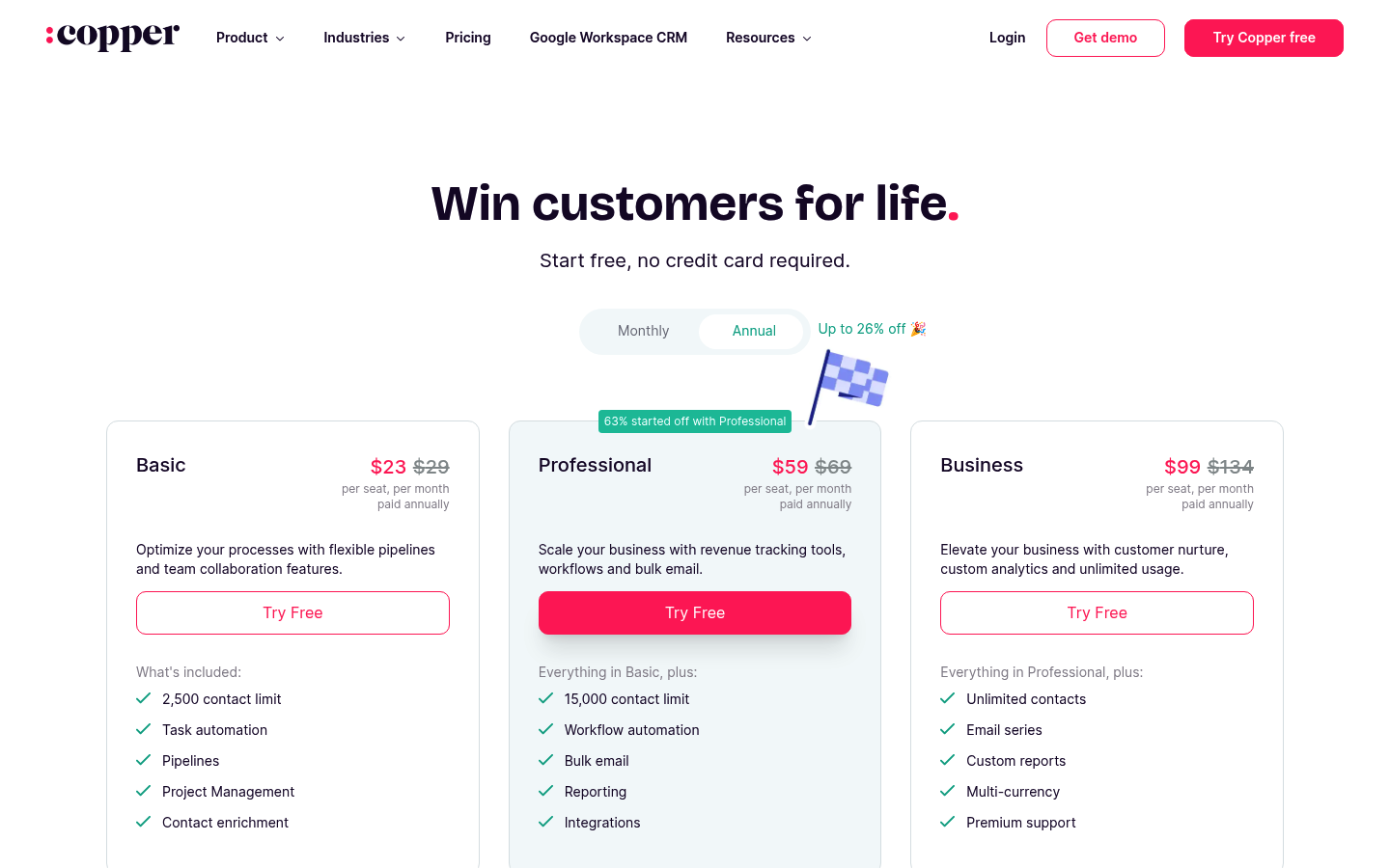 Screenshot of Copper's pricing page showing its plans and prices