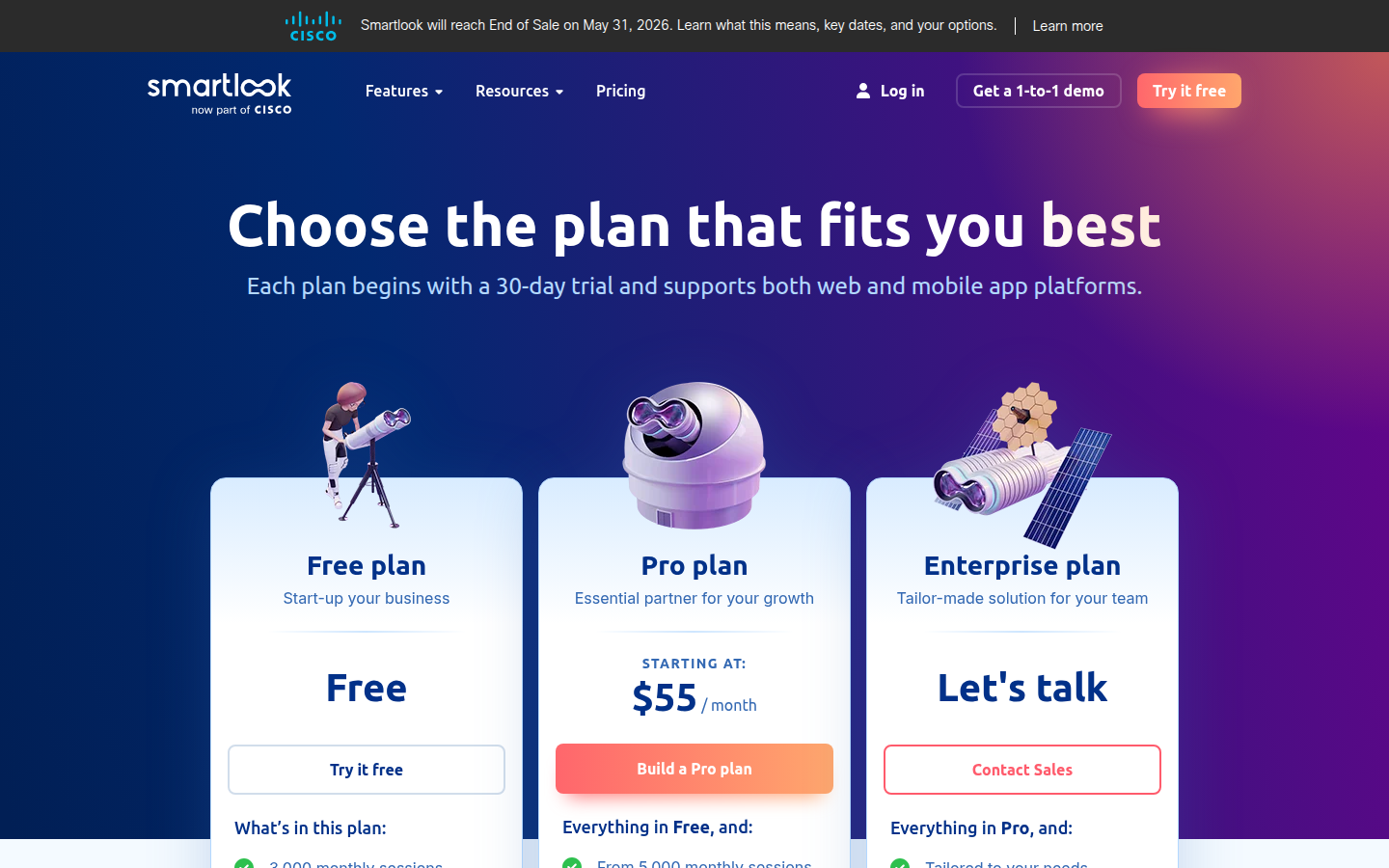 Screenshot of Smartlook's pricing page showing its plans and prices