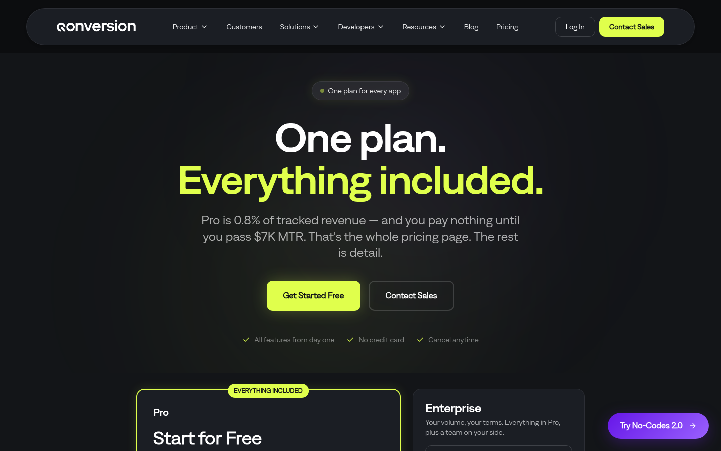 Screenshot of Qonversion's pricing page showing its plans and prices