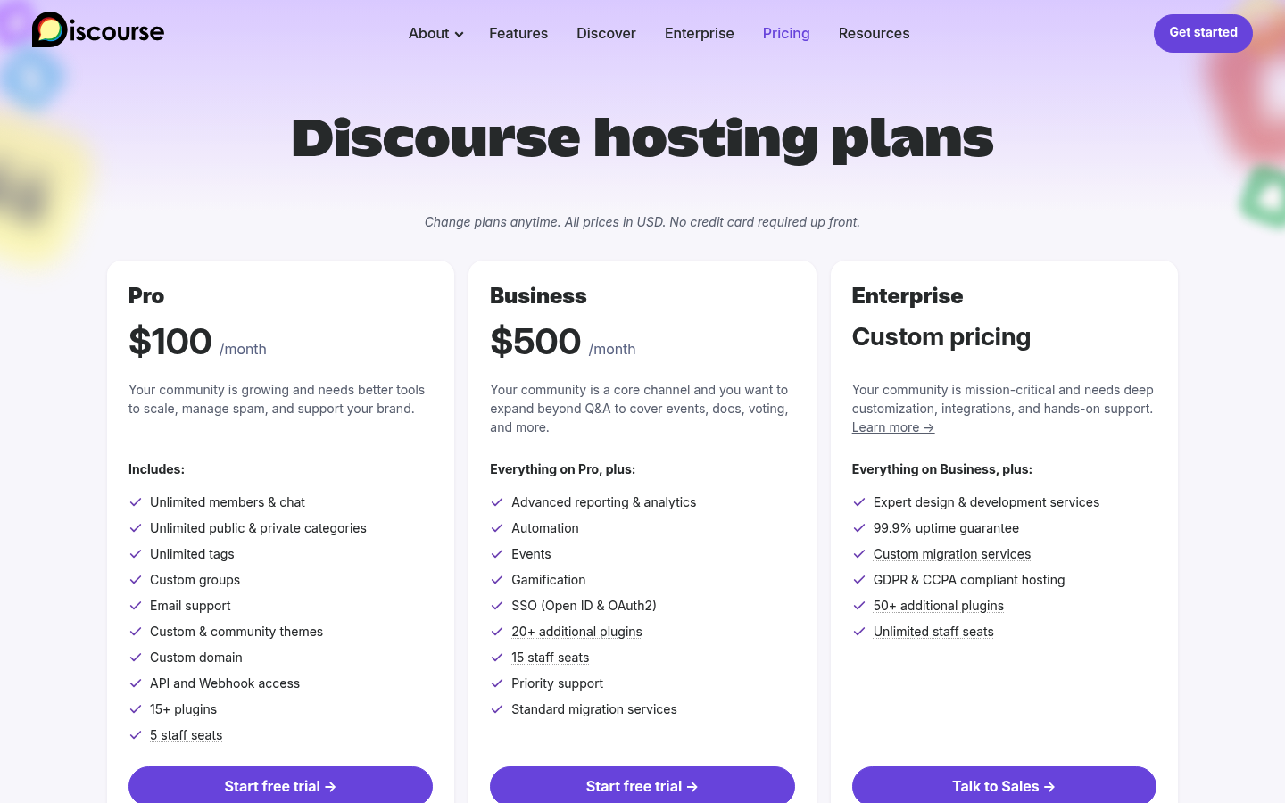 Screenshot of Discourse's pricing page showing its plans and prices