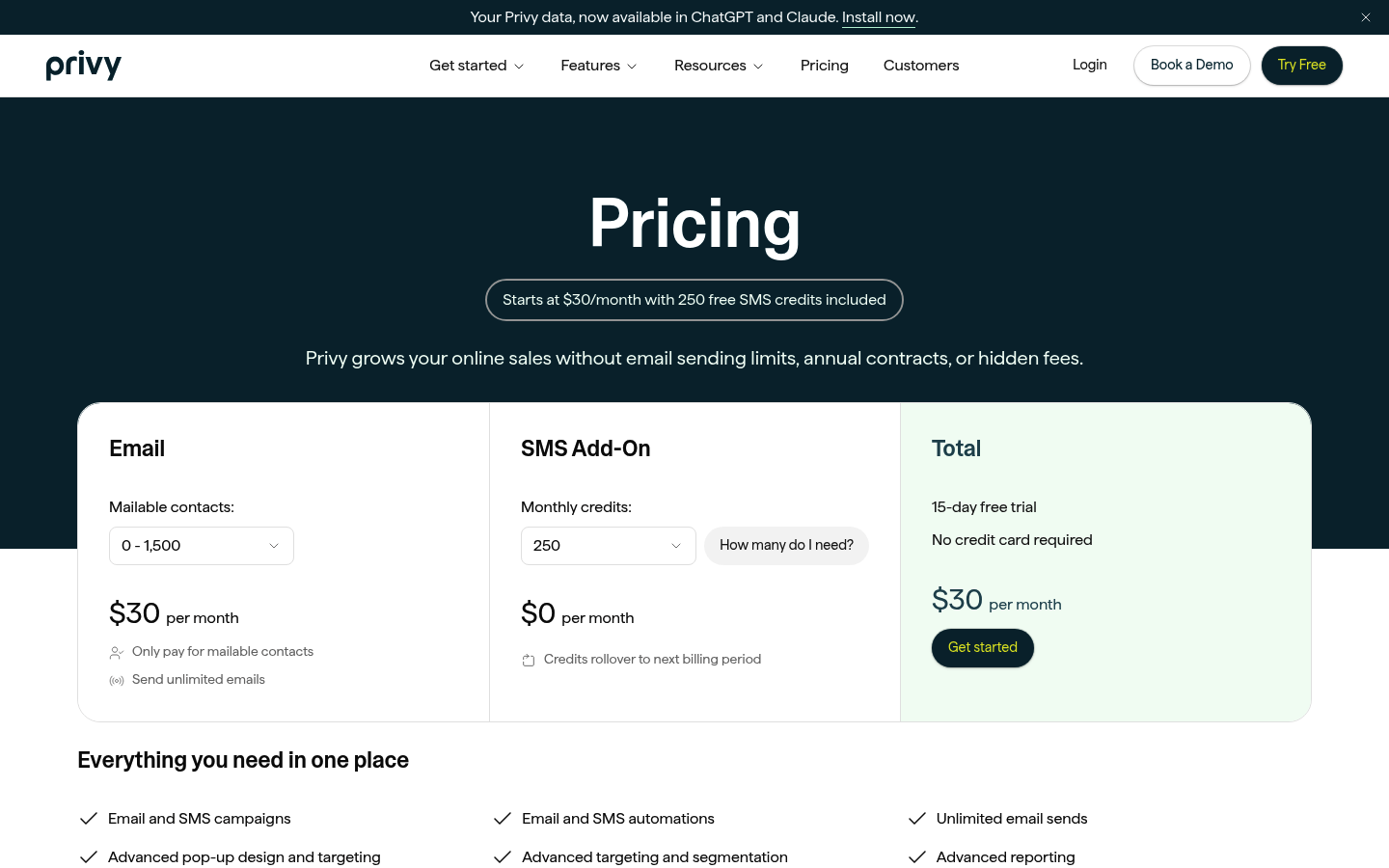 Screenshot of Privy's pricing page showing its plans and prices