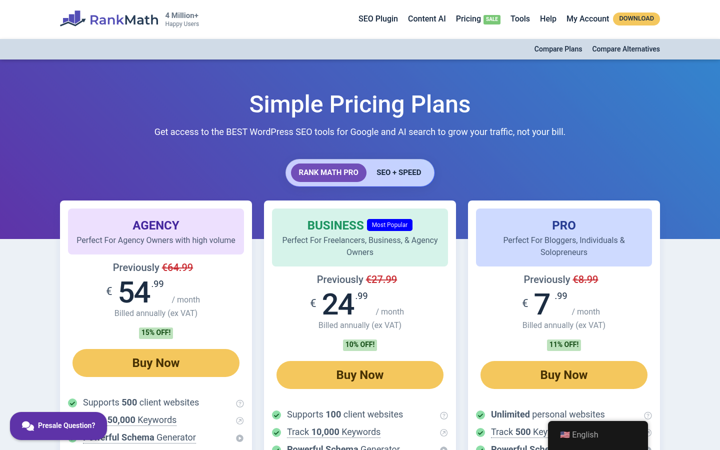 Screenshot of Rank Math's pricing page showing its plans and prices