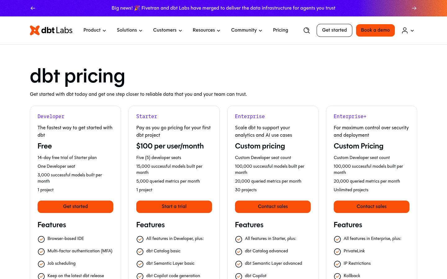 Screenshot of dbt Labs's pricing page showing its plans and prices