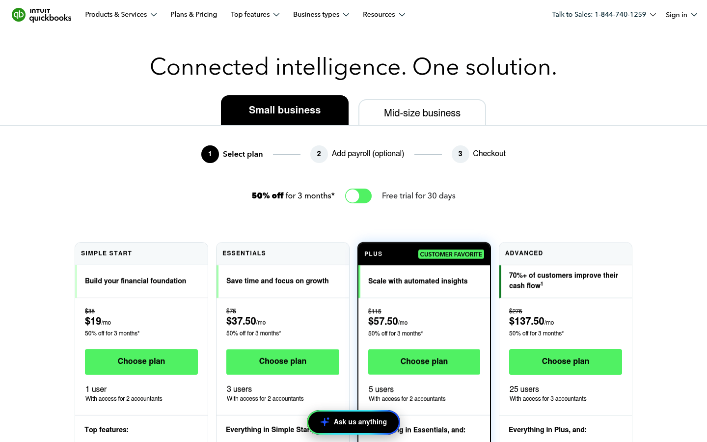 Screenshot of QuickBooks's pricing page showing its plans and prices