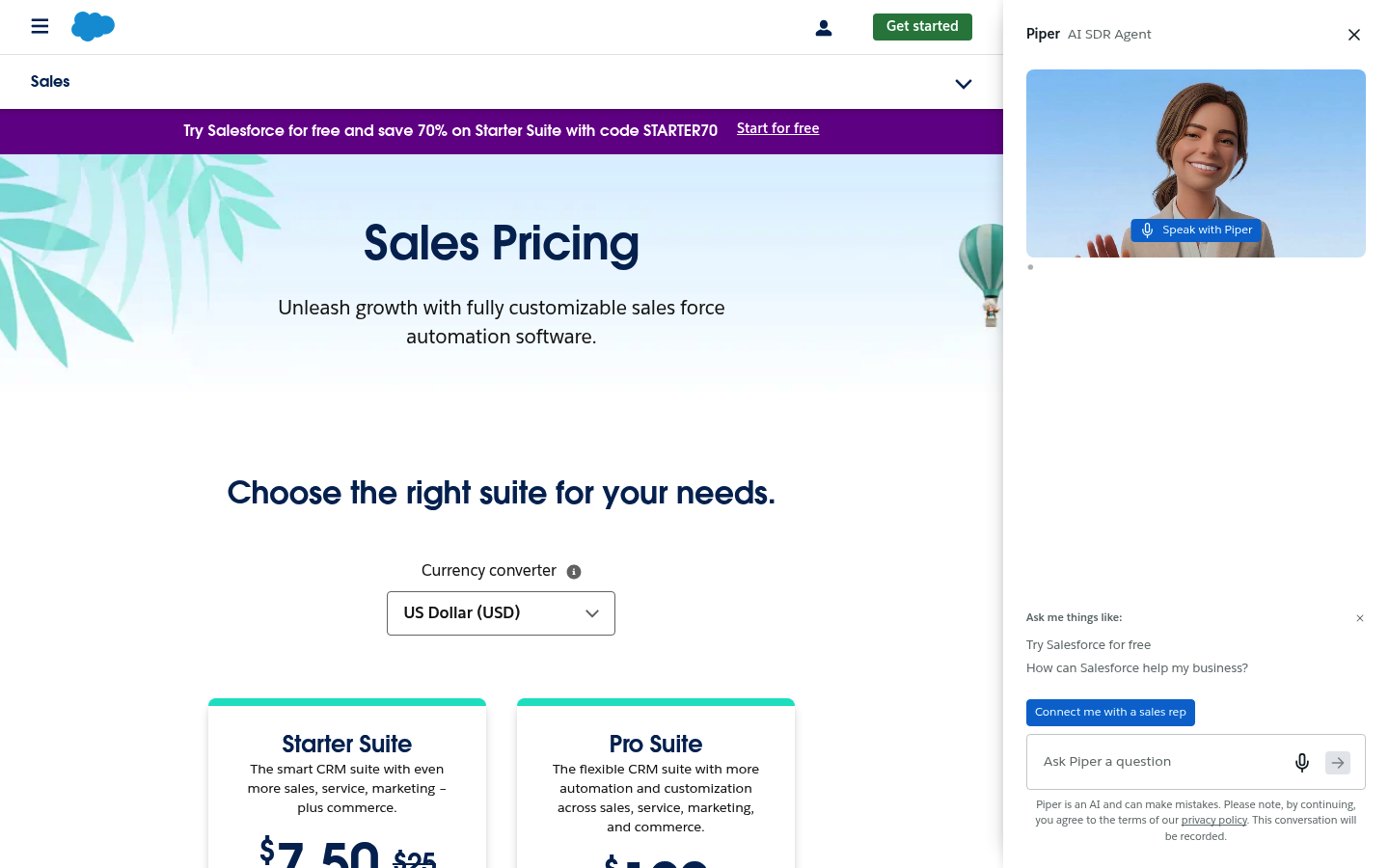 Screenshot of Salesforce's pricing page showing its plans and prices