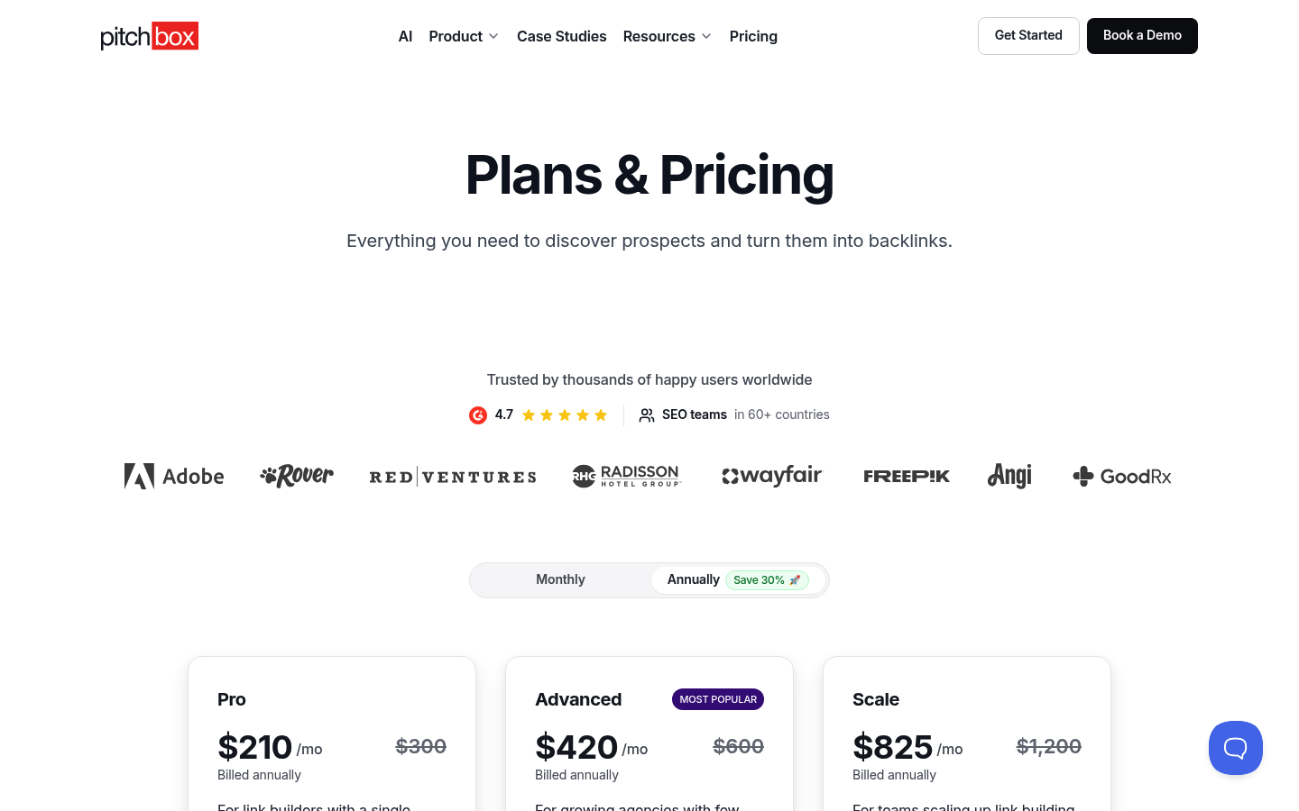 Screenshot of Pitchbox's pricing page showing its plans and prices