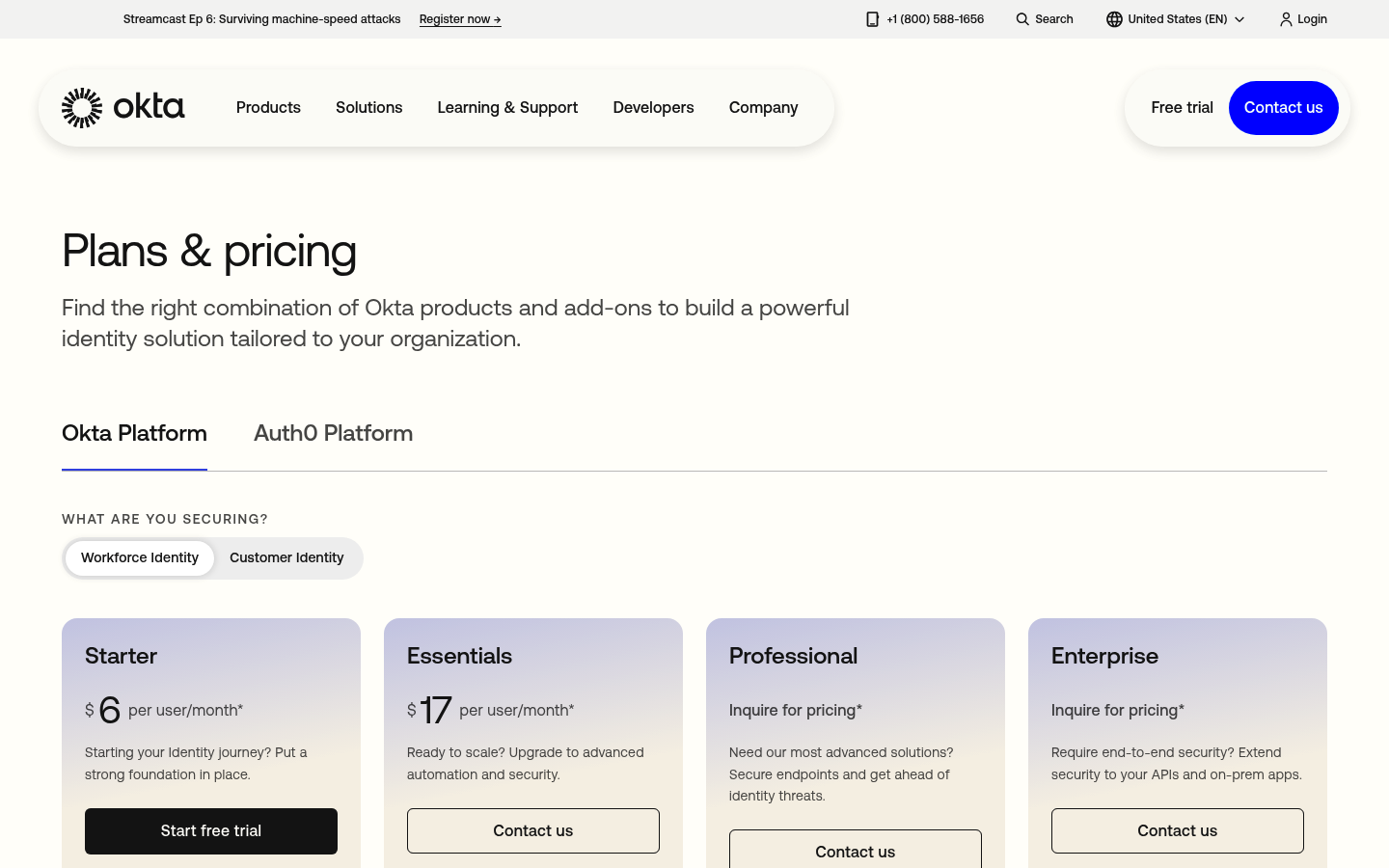 Screenshot of Okta's pricing page showing its plans and prices