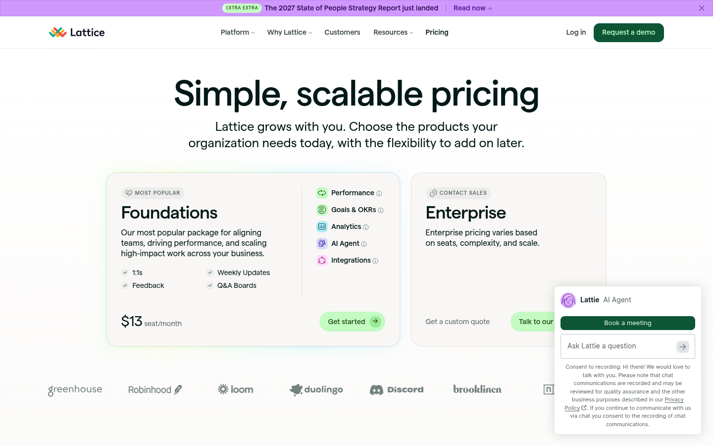 Screenshot of Lattice's pricing page showing its plans and prices