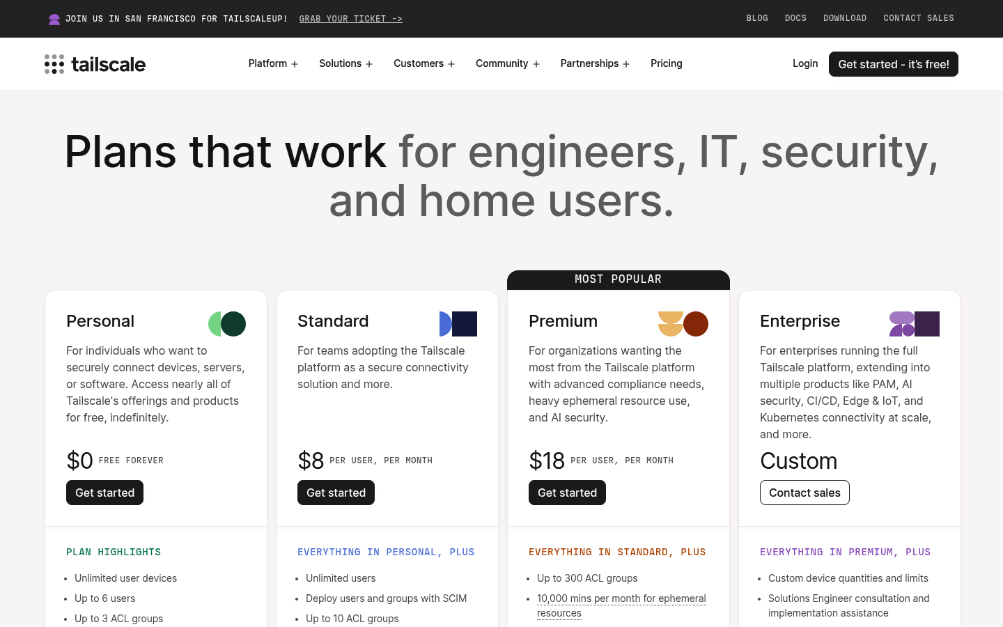 Screenshot of Tailscale's pricing page showing its plans and prices