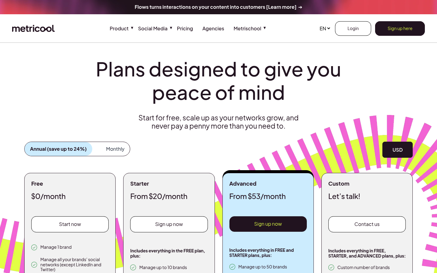 Screenshot of Metricool's pricing page showing its plans and prices