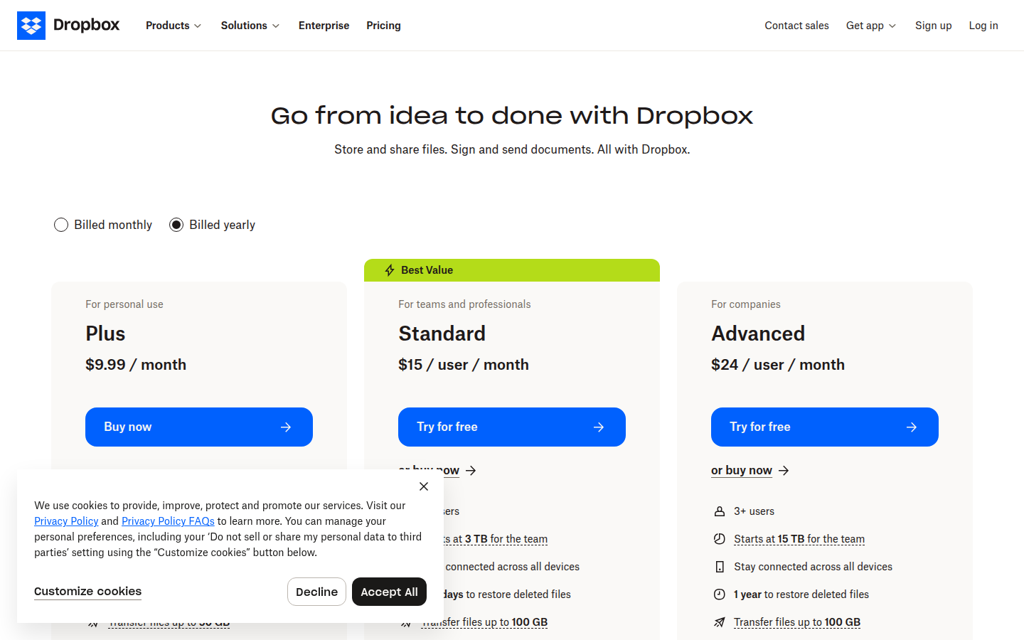 Screenshot of Dropbox's pricing page showing its plans and prices