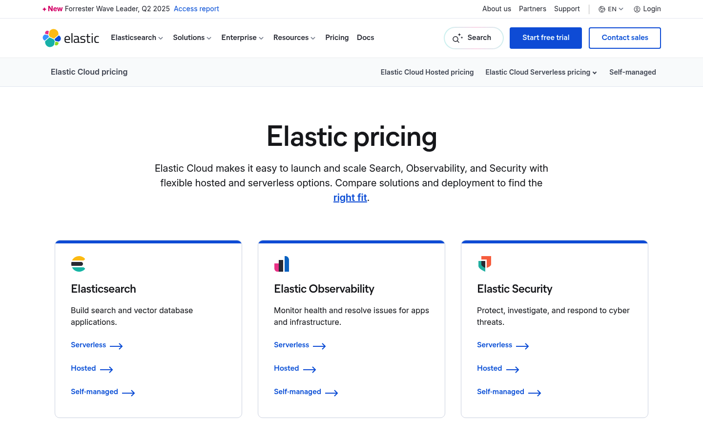 Screenshot of Elastic's pricing page showing its plans and prices