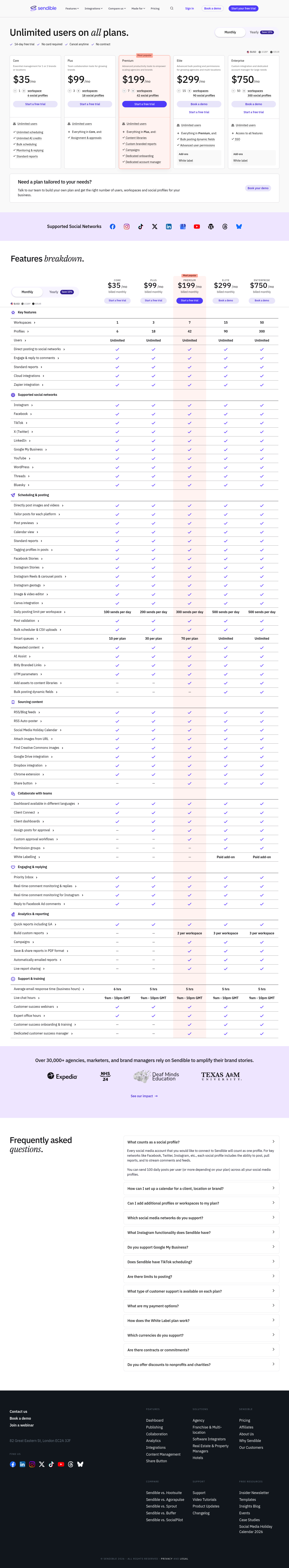 Screenshot of Sendible's pricing page showing its plans and prices