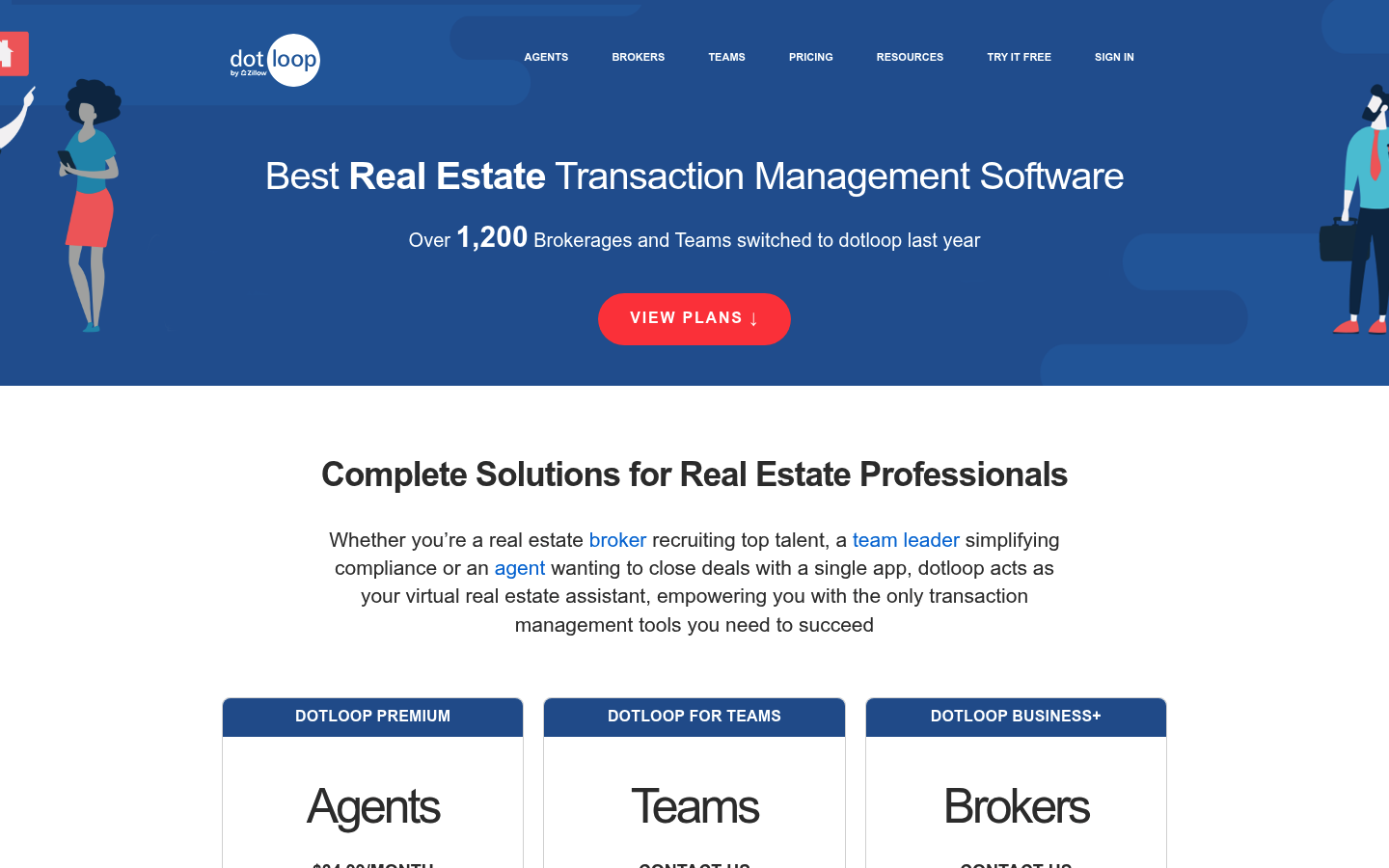 Screenshot of Dotloop's pricing page showing its plans and prices