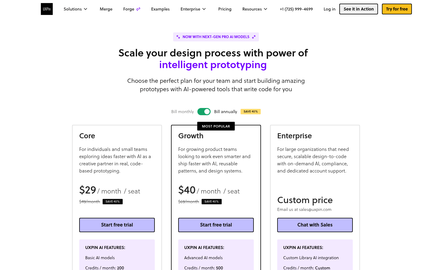 Screenshot of UXPin's pricing page showing its plans and prices