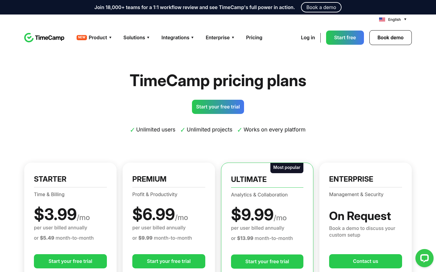 Screenshot of TimeCamp's pricing page showing its plans and prices