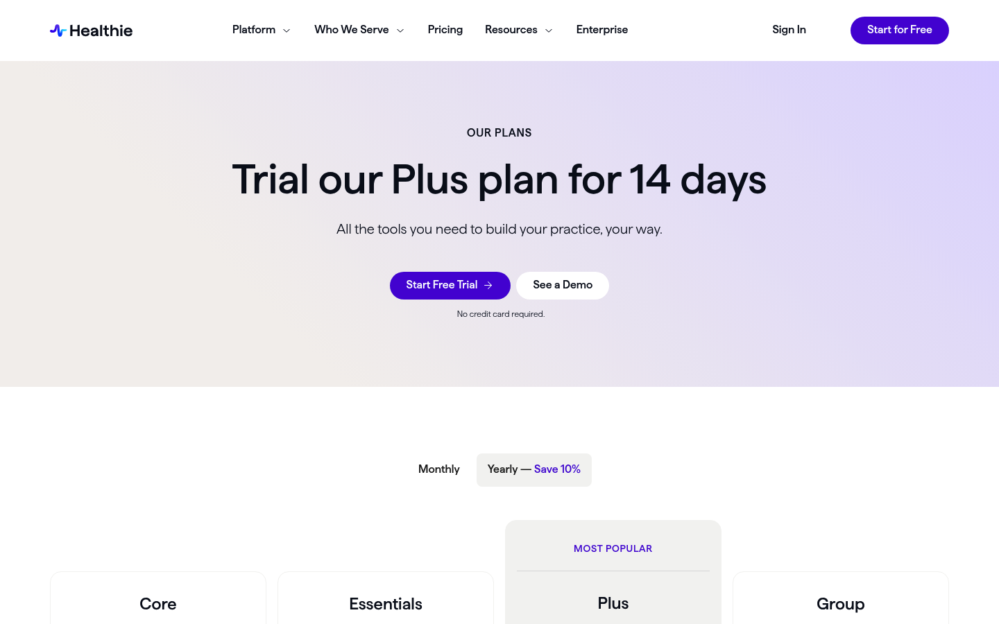 Screenshot of Healthie's pricing page showing its plans and prices