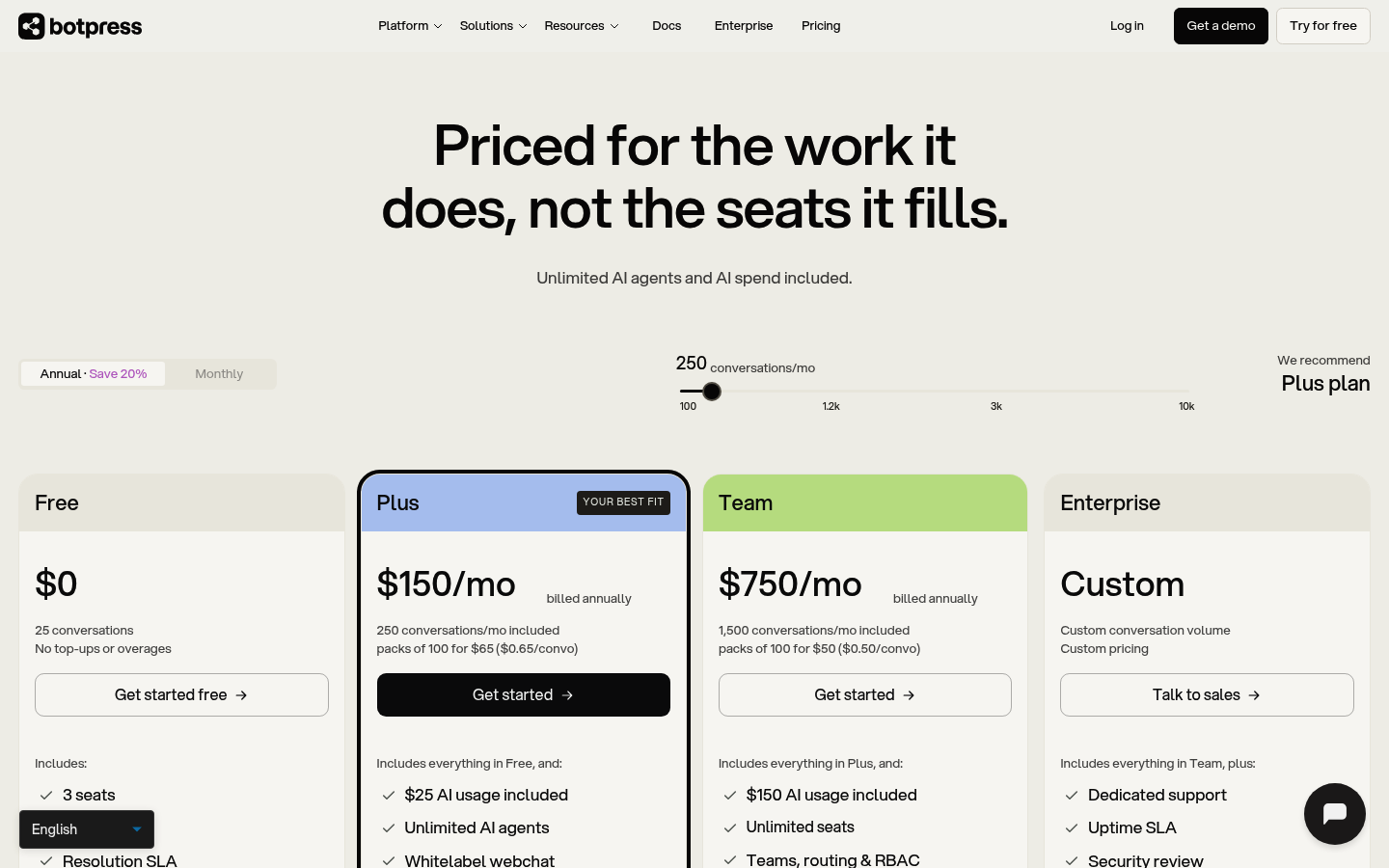 Screenshot of Botpress's pricing page showing its plans and prices