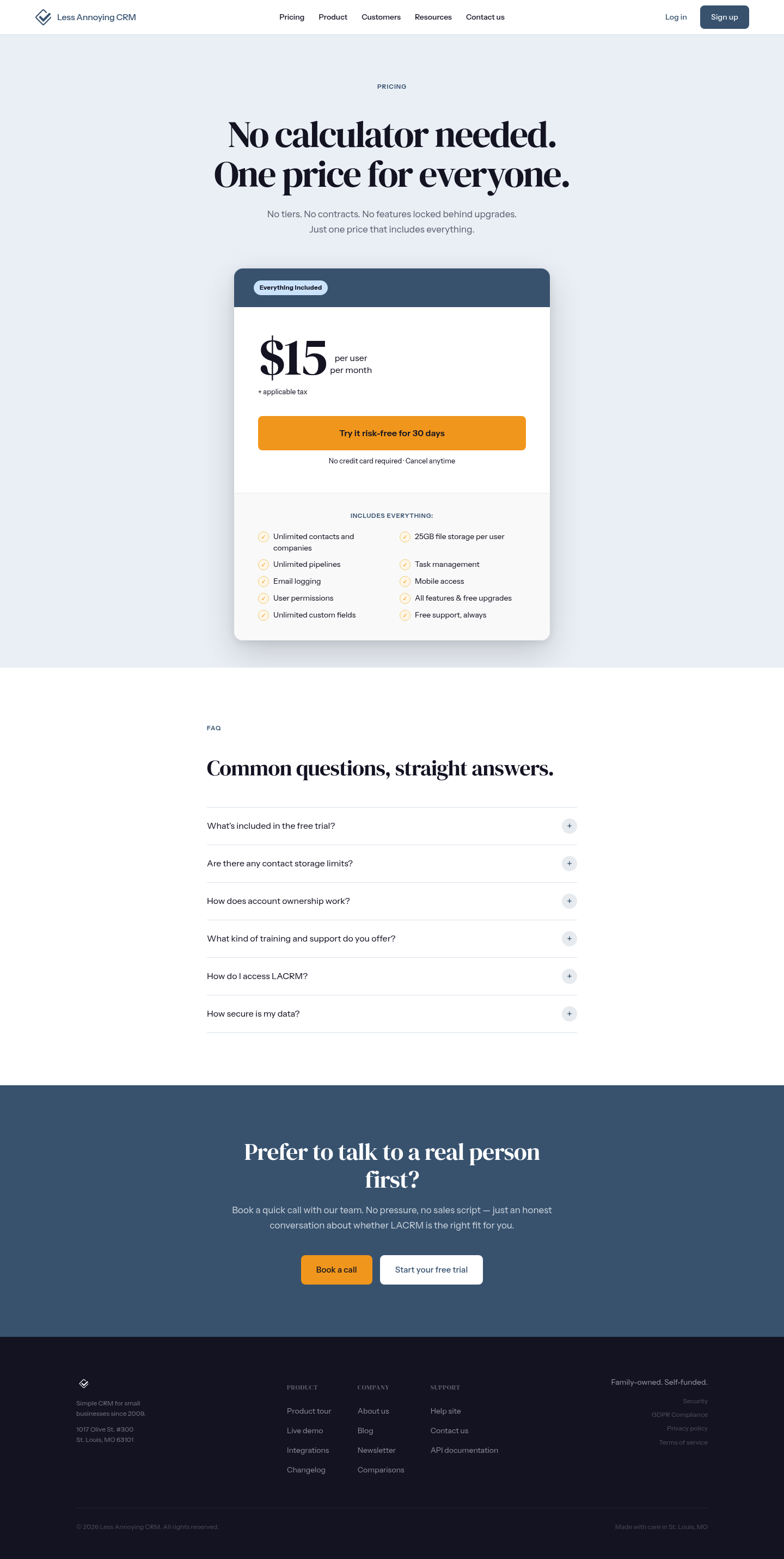 Screenshot of Less Annoying CRM's pricing page showing its plans and prices