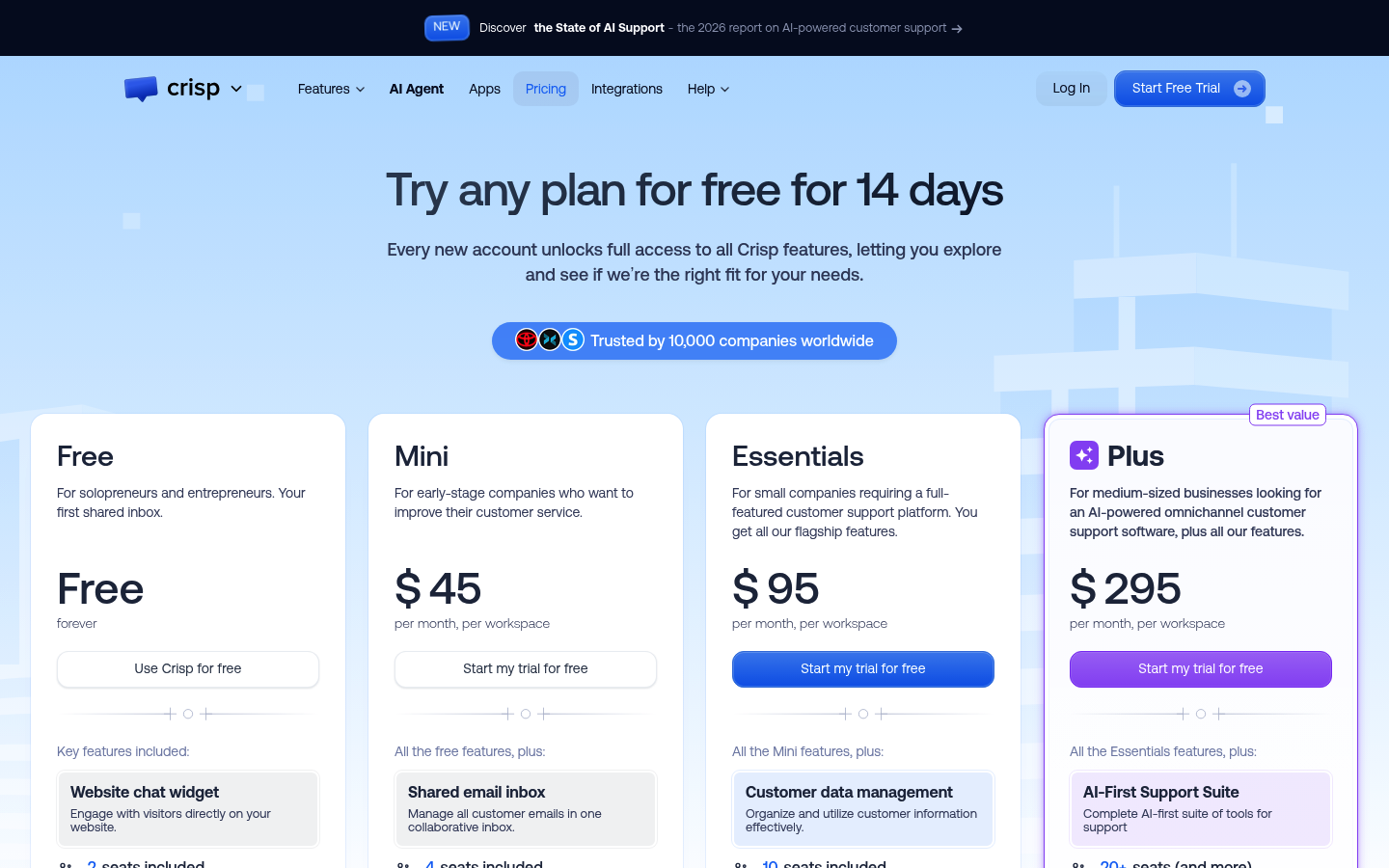 Screenshot of Crisp's pricing page showing its plans and prices