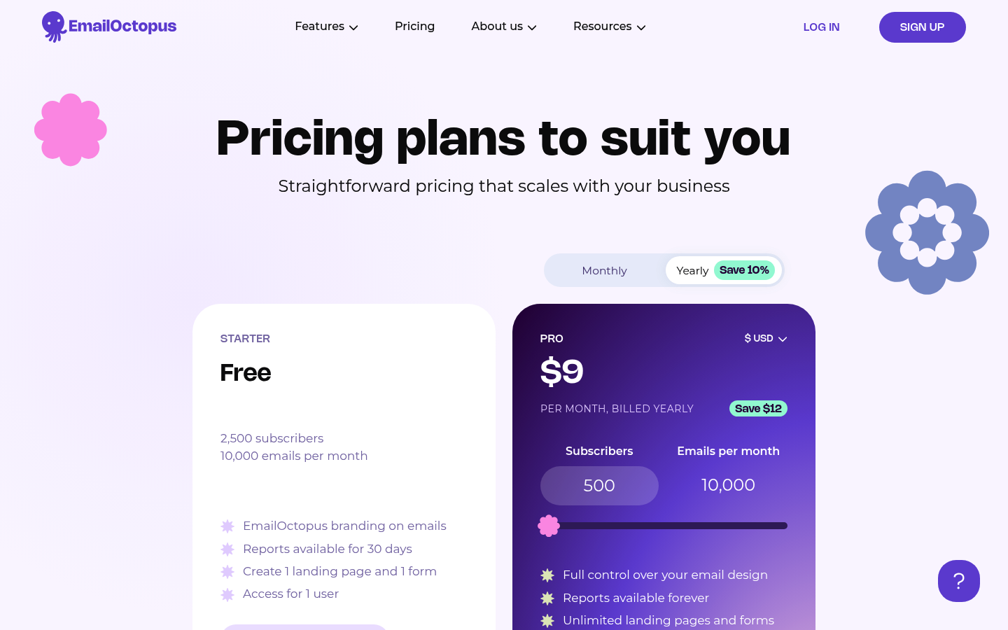Screenshot of EmailOctopus's pricing page showing its plans and prices