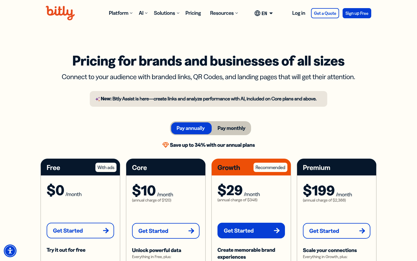 Screenshot of Bitly's pricing page showing its plans and prices