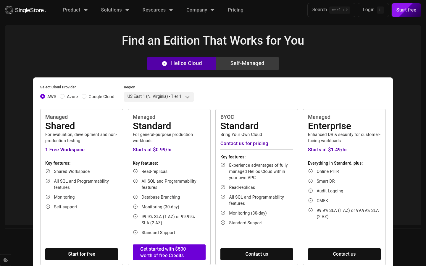 Screenshot of SingleStore's pricing page showing its plans and prices