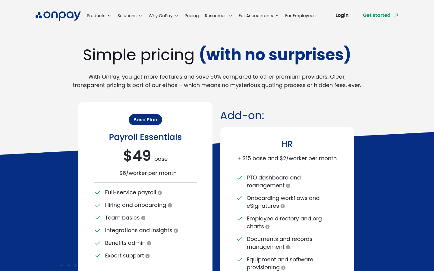 Screenshot of OnPay's pricing page showing its plans and prices