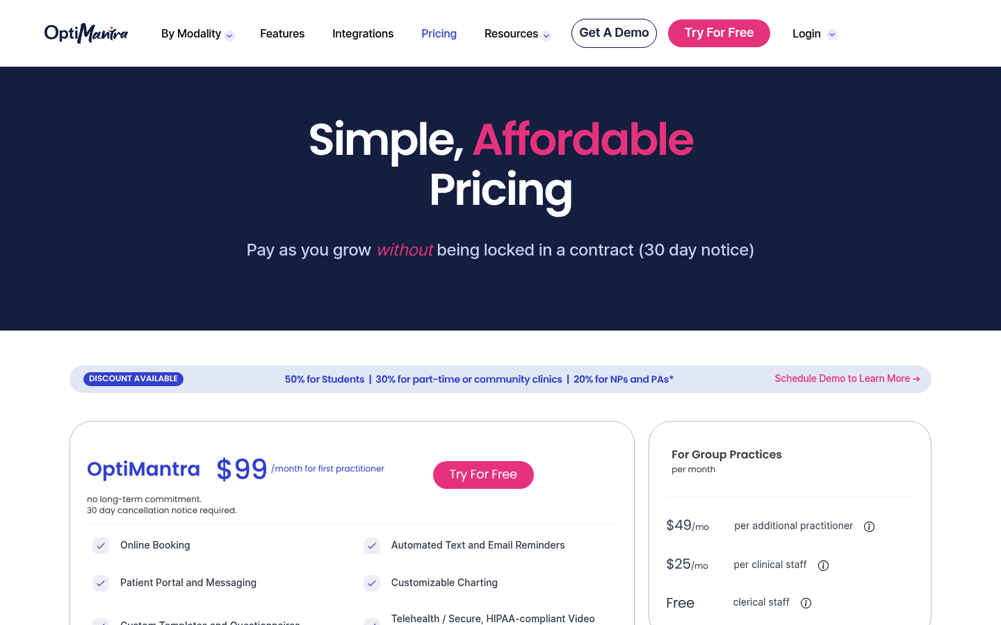 Screenshot of OptiMantra's pricing page showing its plans and prices